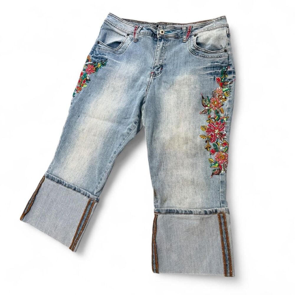Y2K Zara Larsson Embroidered Rhinestone Cuffed Denim Capris